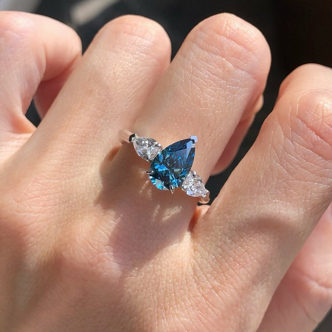 Blue Pear 1.50ct Lab Diamond Ring with 0.50ct White Pear Side Stones | 3-Stone Design | IGI Certified