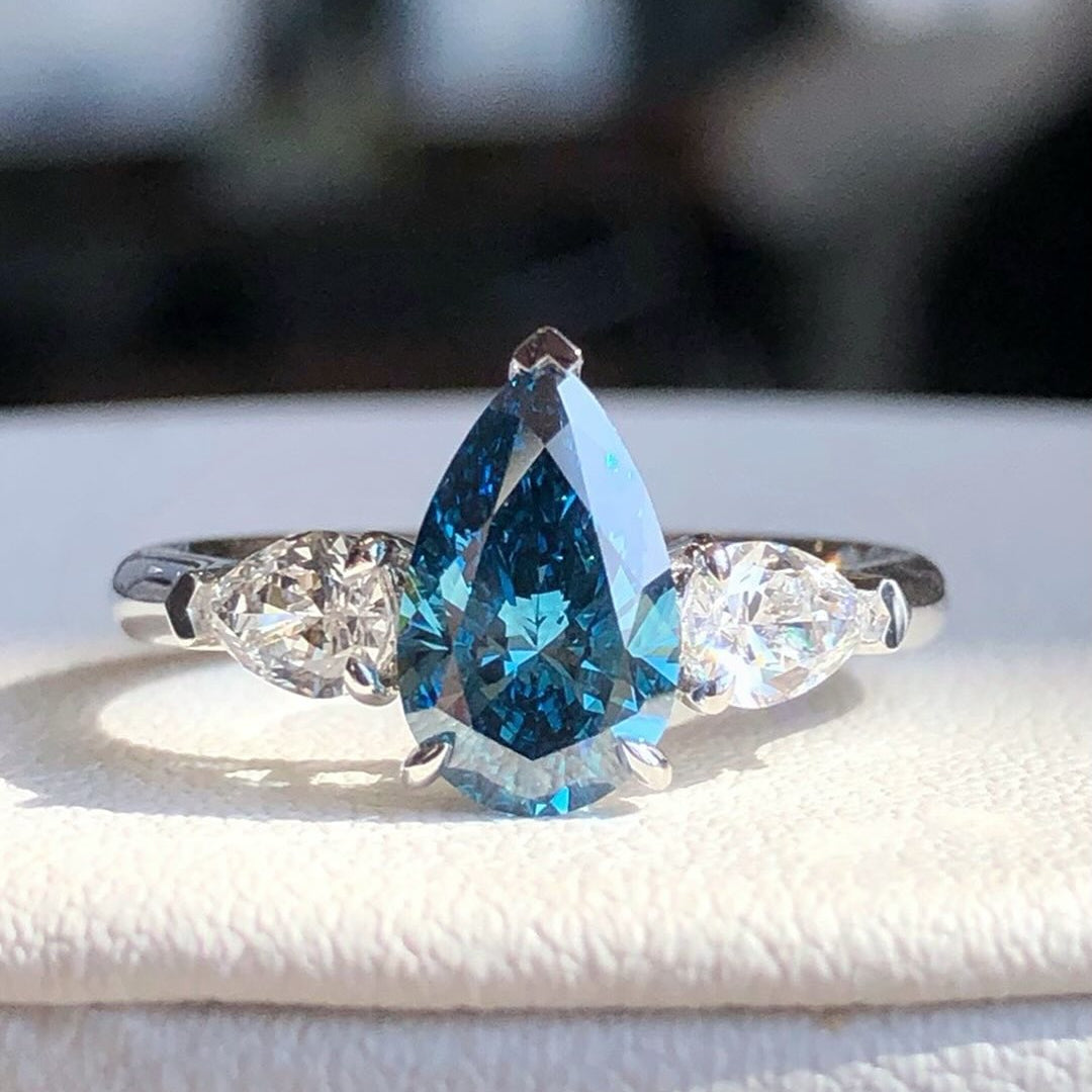 Blue Pear 1.50ct Lab Diamond Ring with 0.50ct White Pear Side Stones | 3-Stone Design | IGI Certified