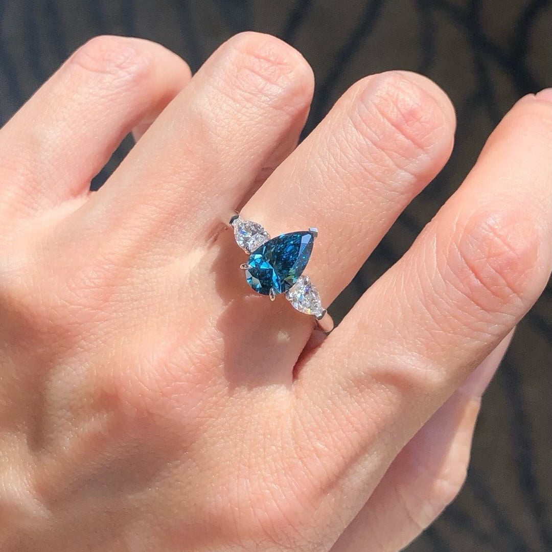 Blue Pear 1.50ct Lab Diamond Ring with 0.50ct White Pear Side Stones | 3-Stone Design | IGI Certified