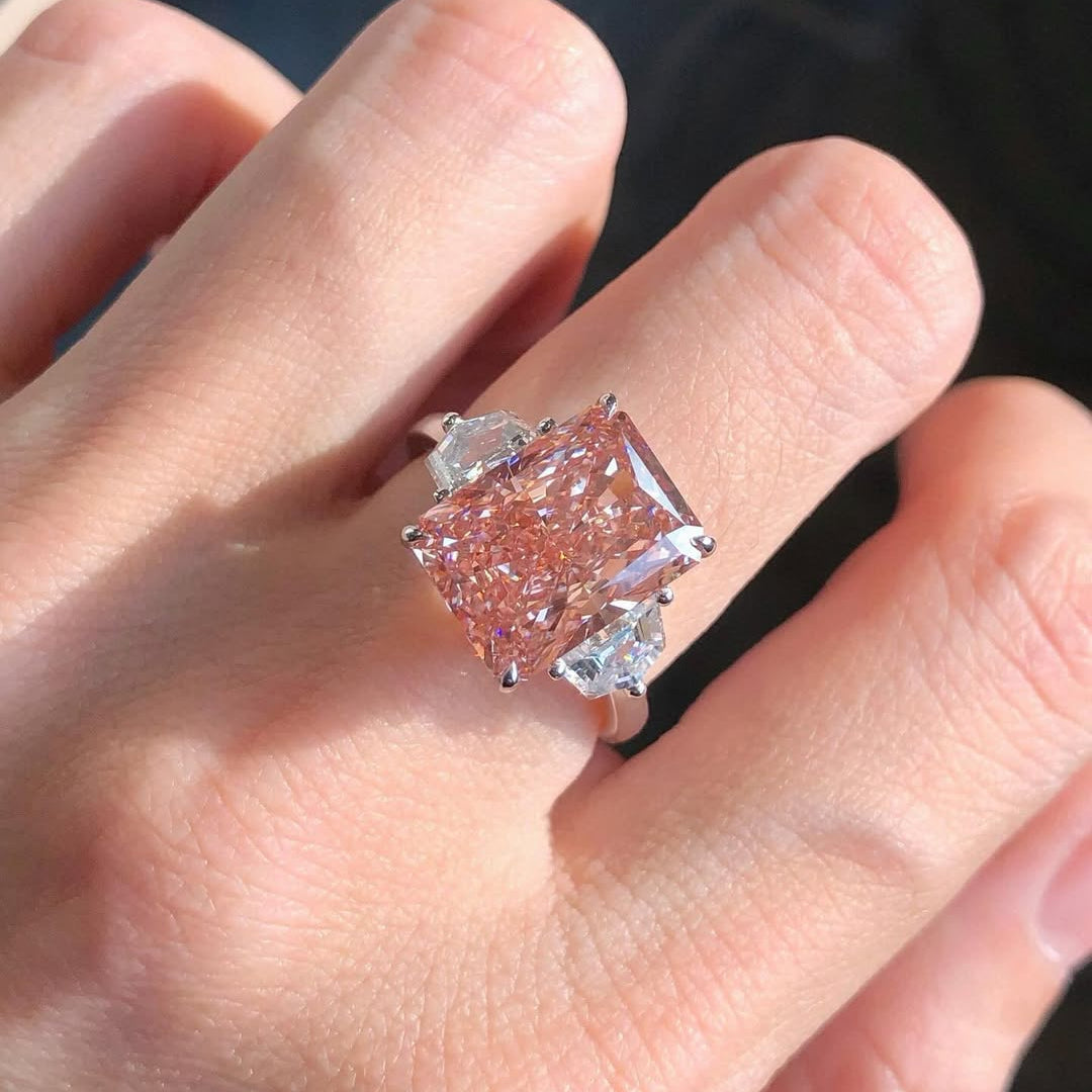 Radiant 3.60ct Pink Lab Grown Diamond Ring | Three Stone Design with 0.60ct Side Stones | IGI Certified | Engagement Ring | VVS-VS Clarity