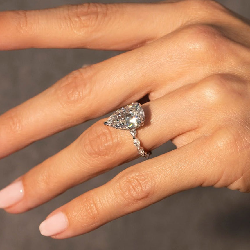 Pear 5.00tcw Lab Grown Diamond Engagement Ring | Hidden Halo Pavé Band | IGI Certified