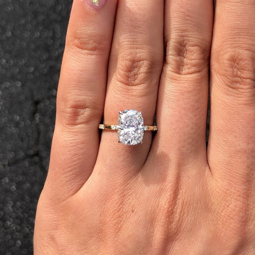 Elongated Cushion 3.30tcw Lab Grown Diamond Solitaire Engagement Ring | Distance Band with Hidden Halo | IGI Certified