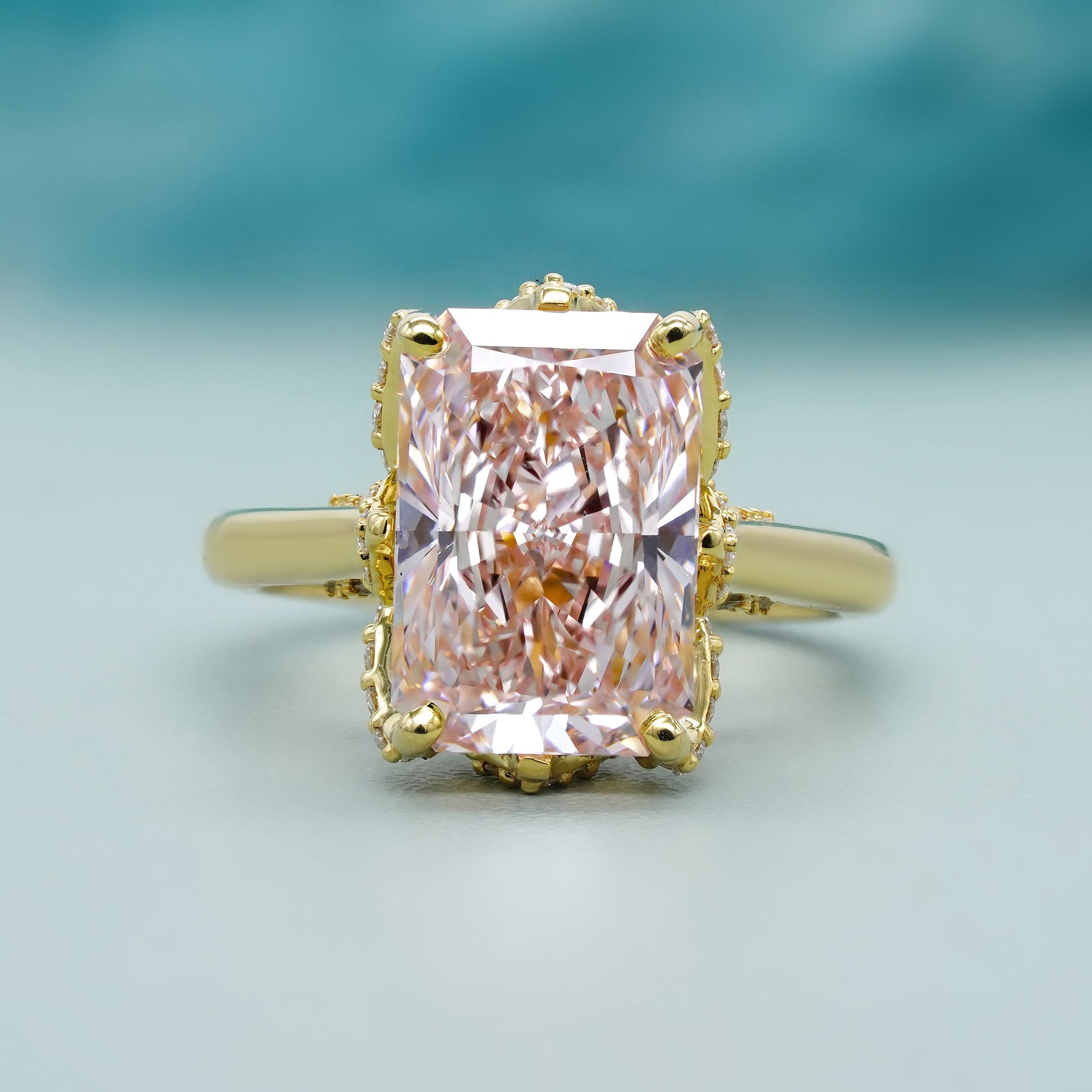 Radiant Fancy Pink 4.40tcw Lab Grown Diamond, Prong Side Stone Engagement Ring, D-E-F Color, VS-VVS Clarity, IGI Certificate