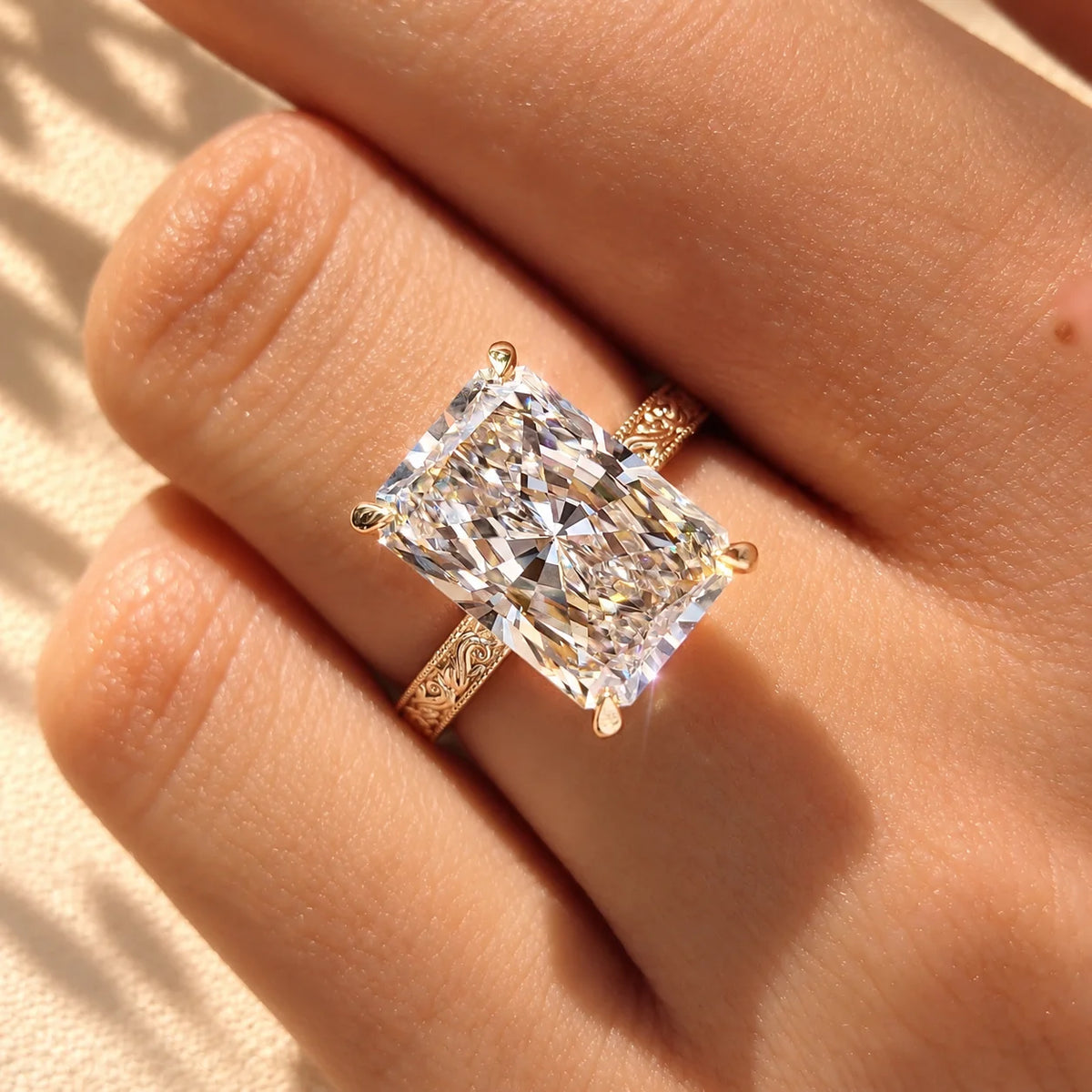 Common :: Unii Jewels 5.10TCW Radiant Cut lab grown diamond Hidden Halo vintage engagement ring