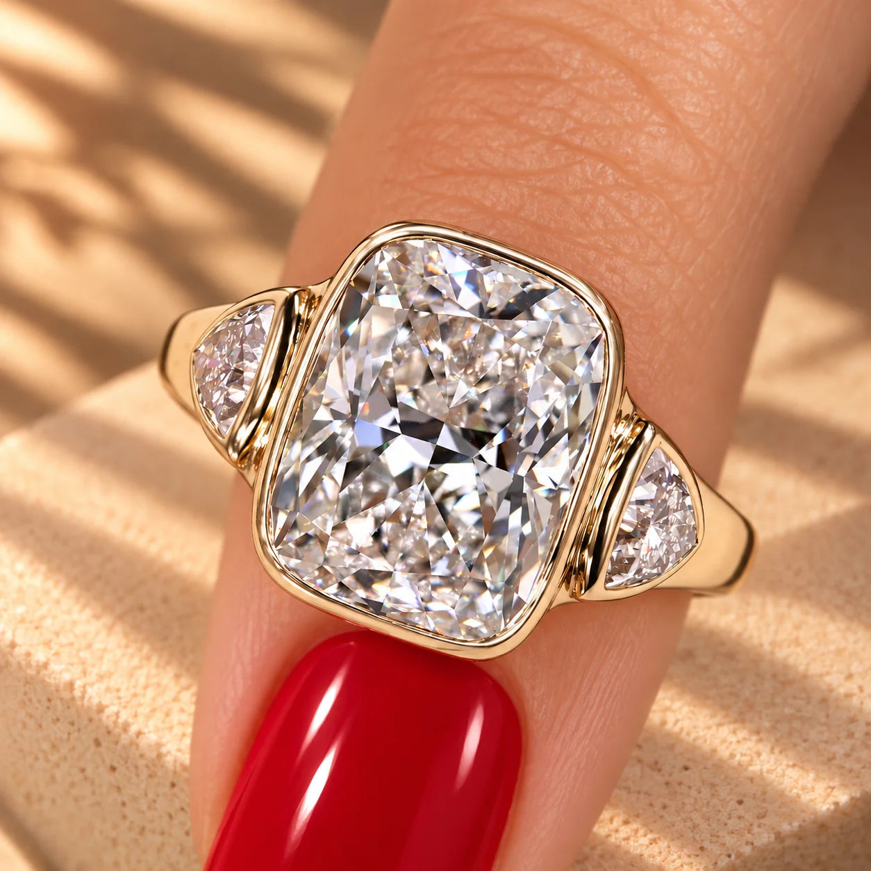 Common :: Unii Jewels 5.60TCW Elongated Cushion Three Stone Bezel Engagement Ring