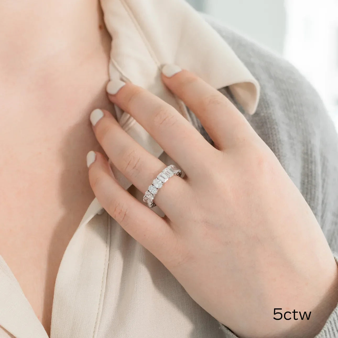 Oval And Emerald Lab Grown Diamond Half and Half Eternity Band , EF Color , VS Clarity , IGI Certificate