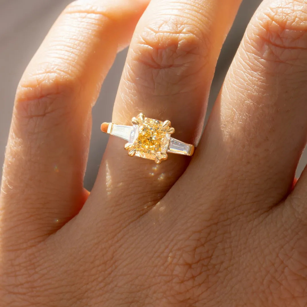 Common :: yellow cushion lab grown diamond three stone engagement ring luxury yellow diamond ring