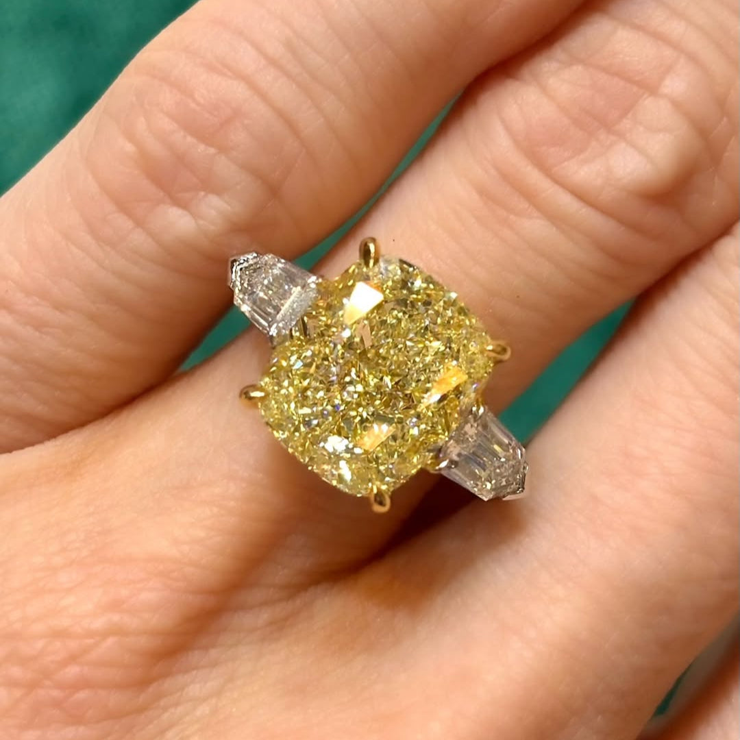 Fancy Yellow 6.50tcw Cushion Lab-Grown Diamond Bullet Side Stone Engagement Ring  | IGI