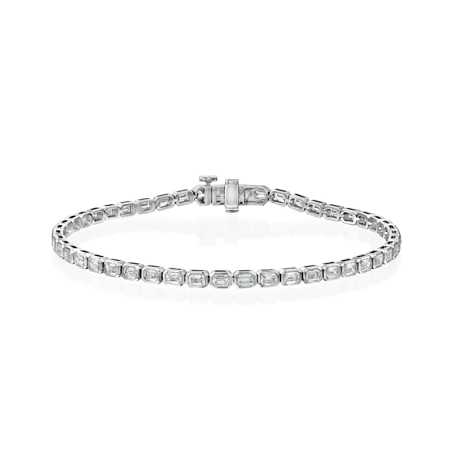 white :: 2.5 carat east west emerald lab grown diamond tennis bracelet bezel setting IGI certified
