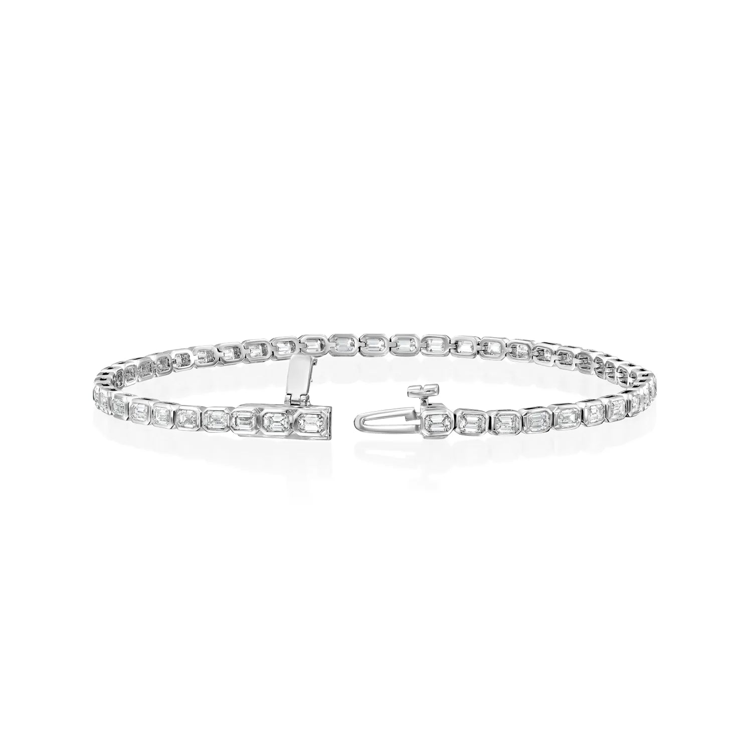 white :: 2.5ct emerald cut lab grown diamond tennis bracelet east west bezel design
