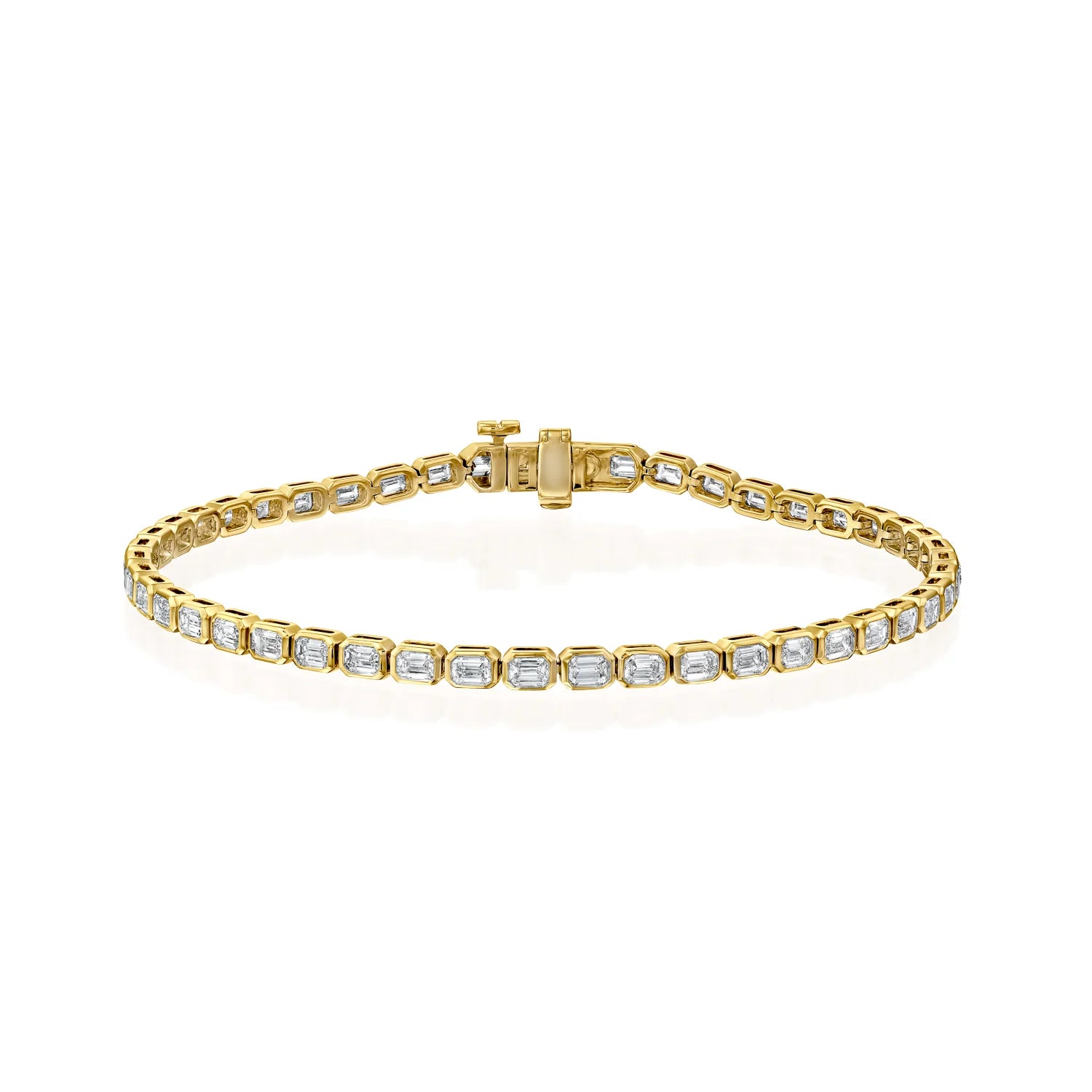 yellow :: 2.5 carat east west emerald lab grown diamond tennis bracelet bezel setting IGI certified
