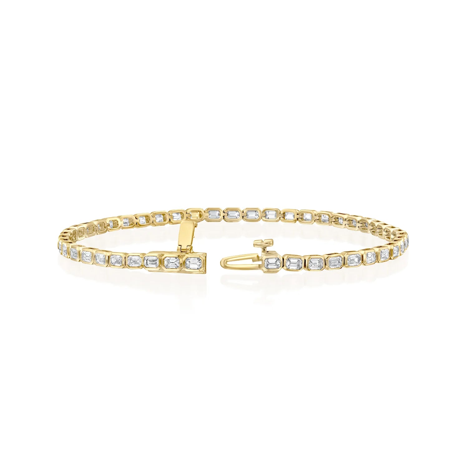 yellow :: 2.5ct emerald cut lab grown diamond tennis bracelet east west bezel design
