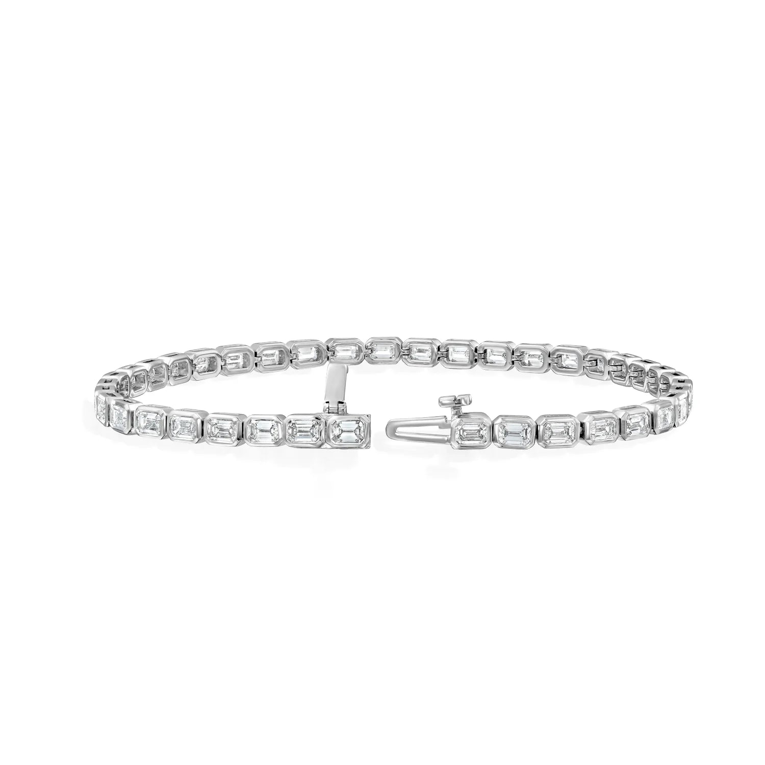 white :: 3.5ct emerald cut lab grown diamond tennis bracelet east west bezel design

