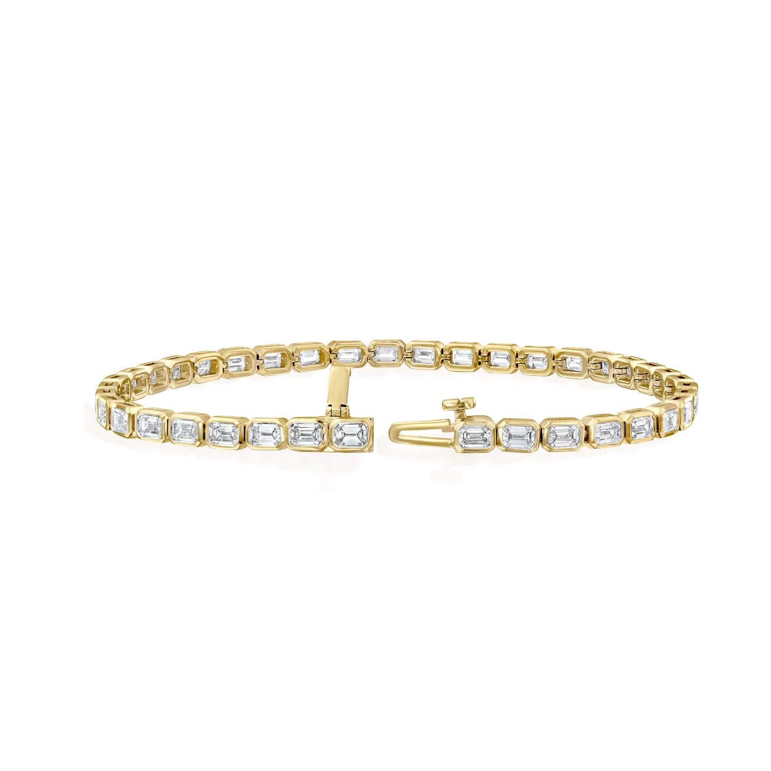 yellow :: 3.5ct emerald cut lab grown diamond tennis bracelet east west bezel design
