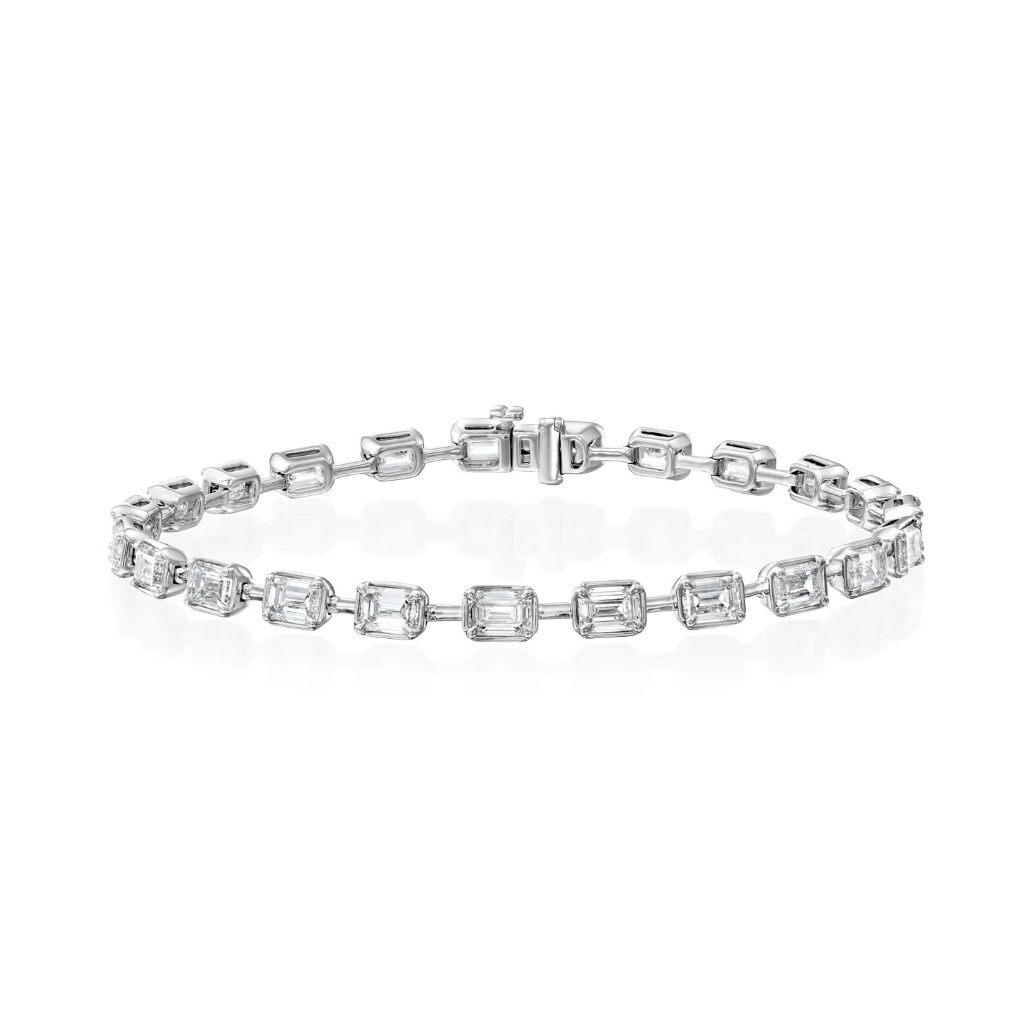 white :: 8.5 carat east west emerald lab grown diamond tennis bracelet bezel setting IGI certified
