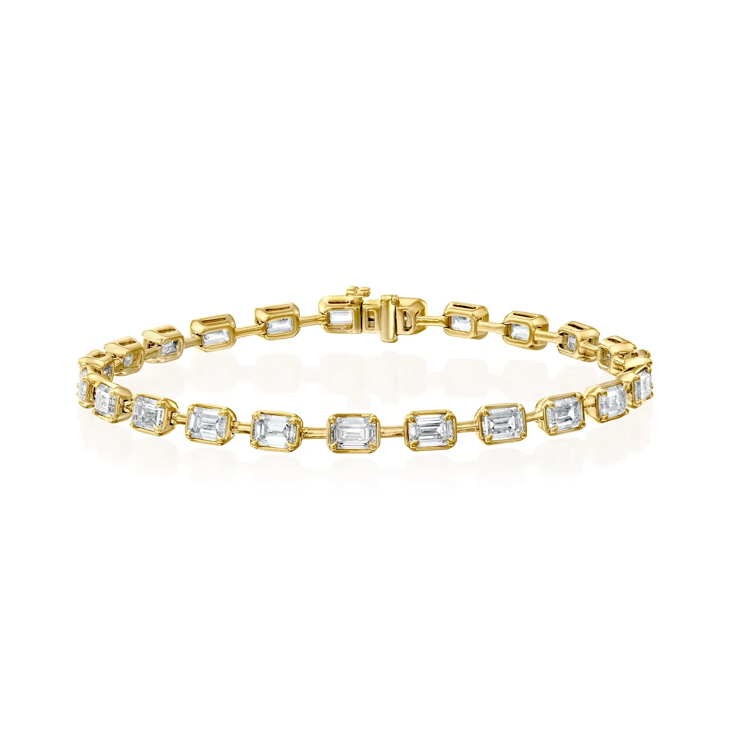 yellow :: 8.5 carat east west emerald lab grown diamond tennis bracelet bezel setting IGI certified
