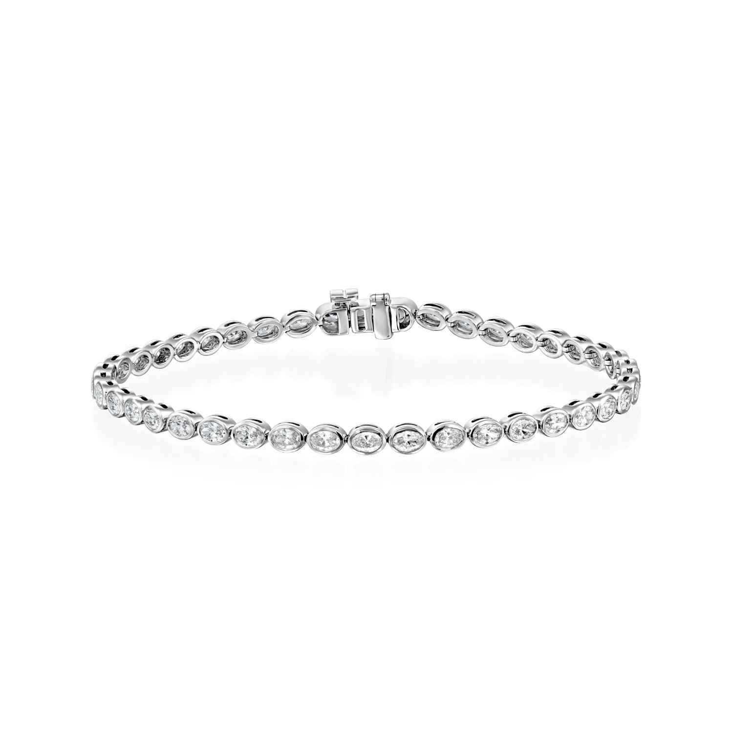 white :: 2.5 carat east west oval lab grown diamond tennis bracelet bezel setting IGI certified
