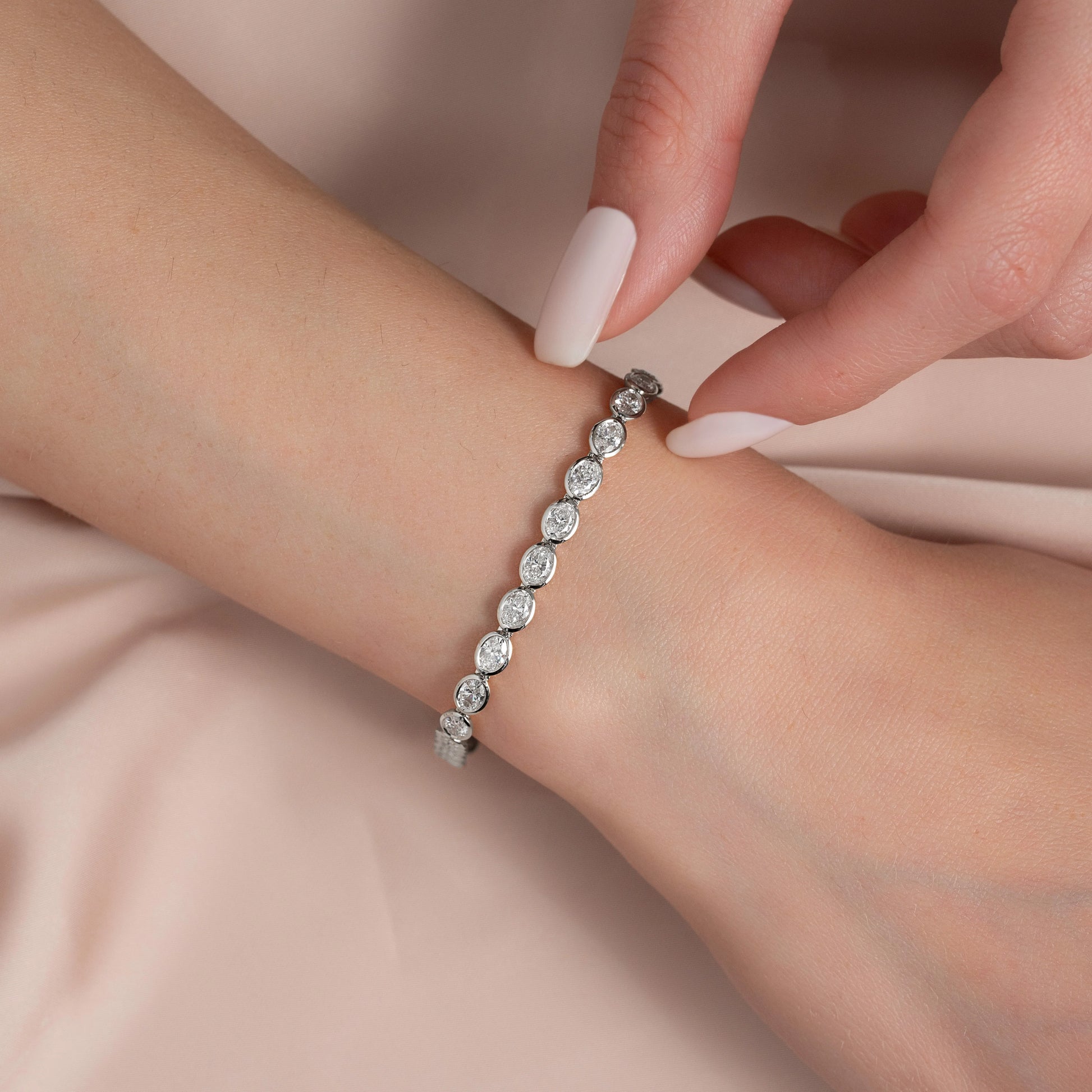 white :: 6ct luxury oval lab grown diamond tennis bracelet for women

