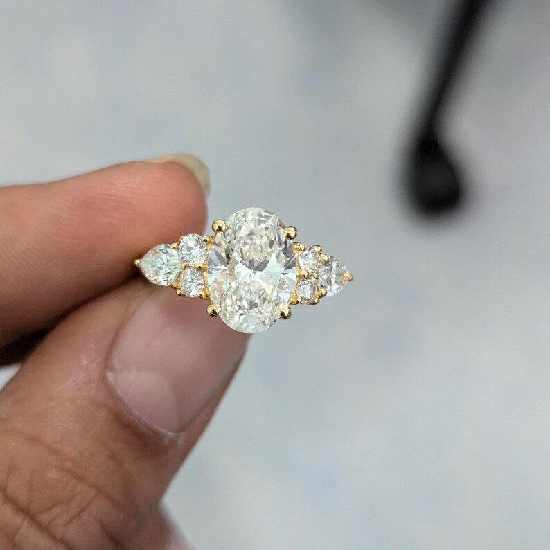 Oval 3.80tcw Lab Grown Diamond Pear Side Stone Engagement Ring, D-E-F Color, VVS-VS Clarity, IGI Certificate