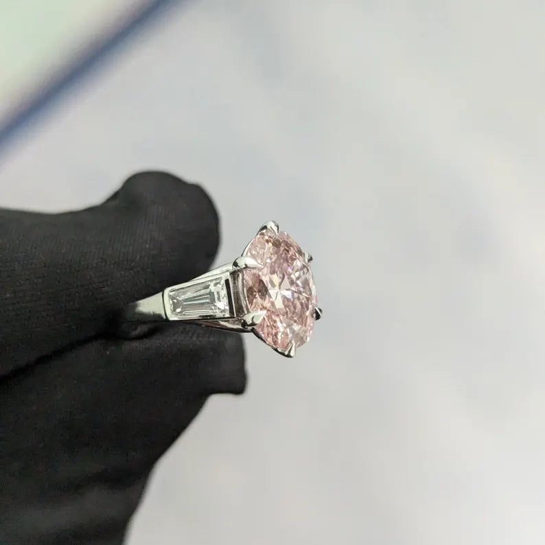 2.50tcw Fancy Pink Lab-Grown Diamond Oval Engagement Ring | Bezel & Baguette