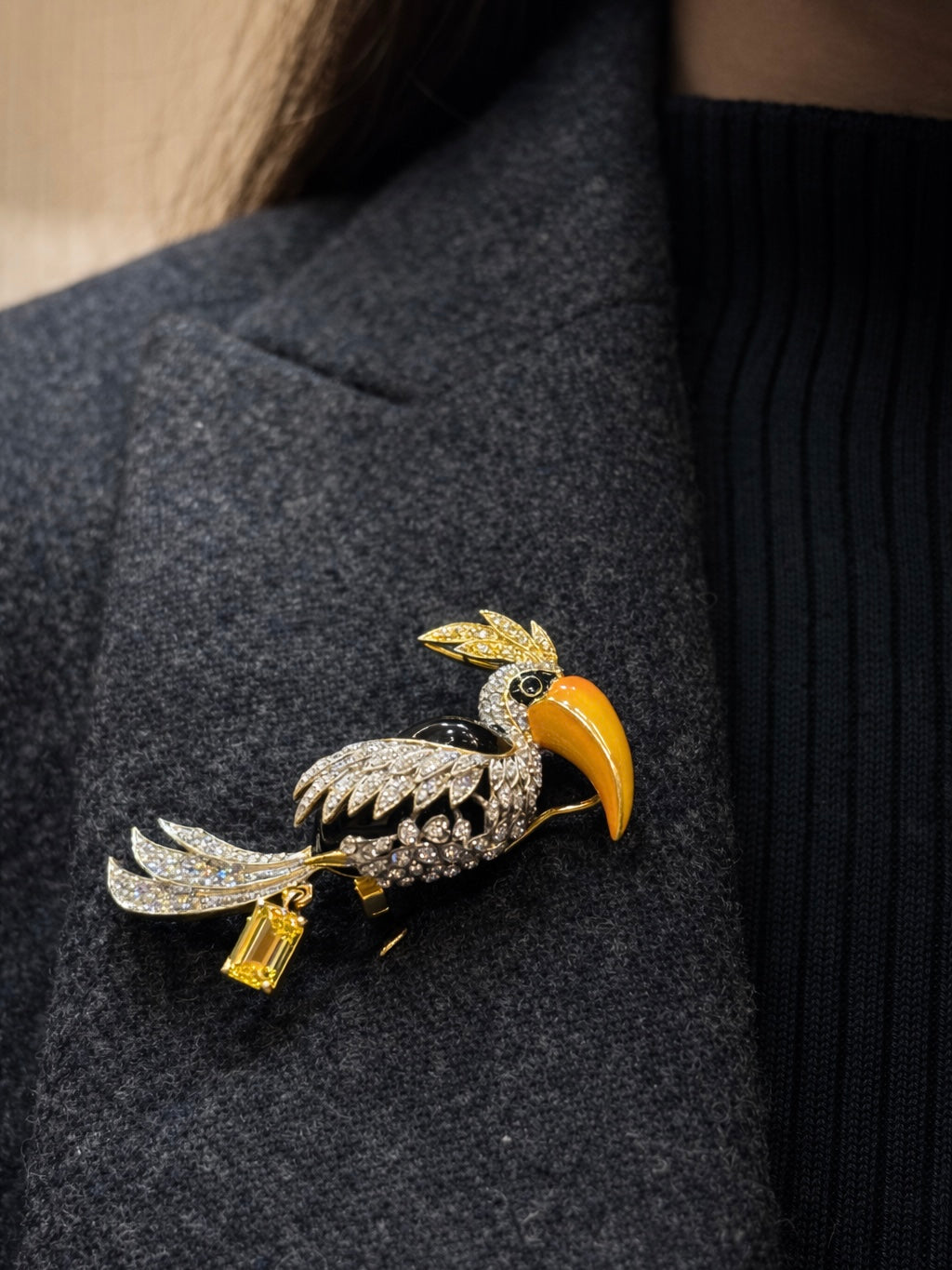 Toucan Royale Lab Grown Diamond Brooch | IGI Certified EF VVS-VS | 9KT Yellow Gold Luxury Statement Pin