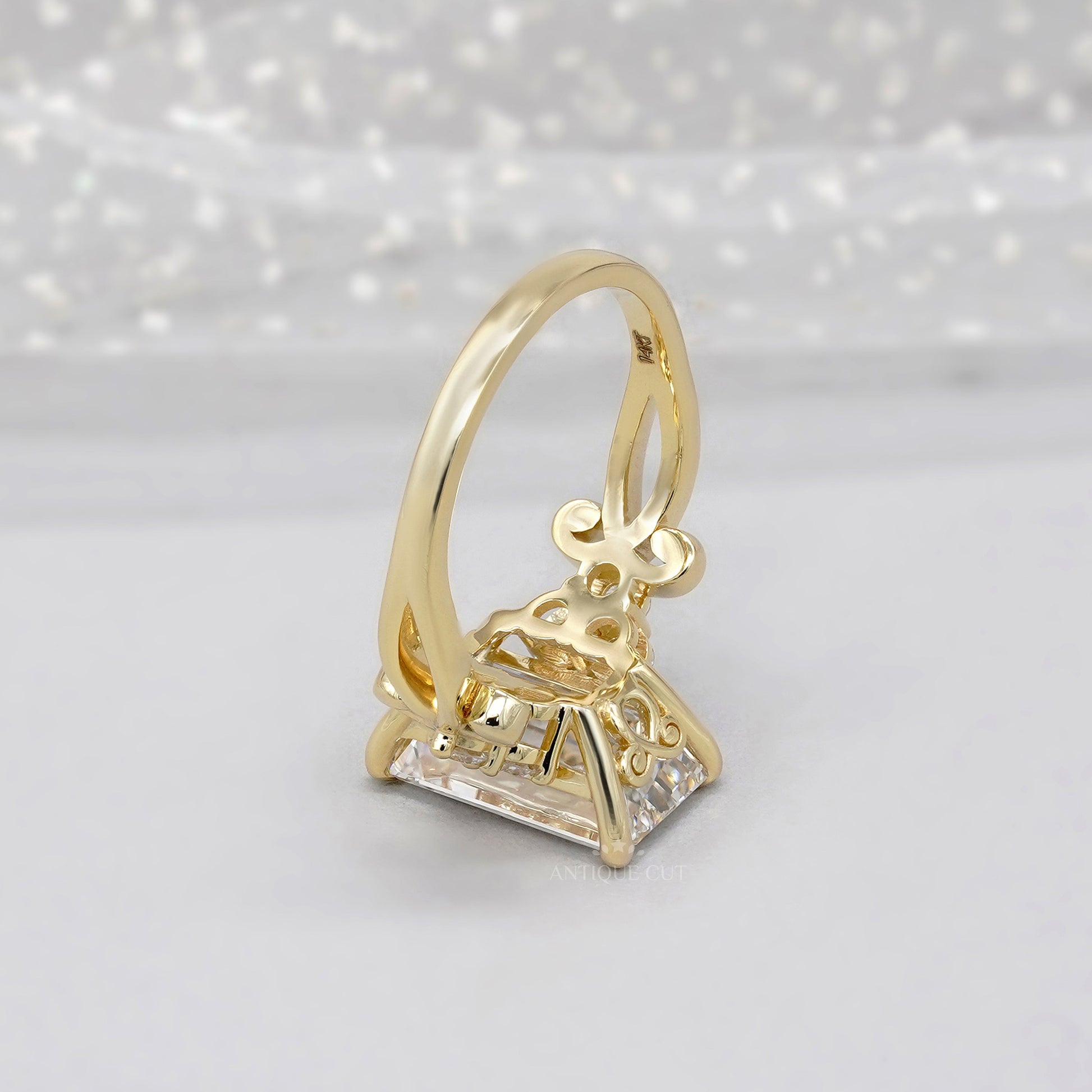 Emerald 5.30tcw Lab Grown Diamond Engagement Ring | Yellow Gold Fleur-de-Lis Setting | IGI Certified