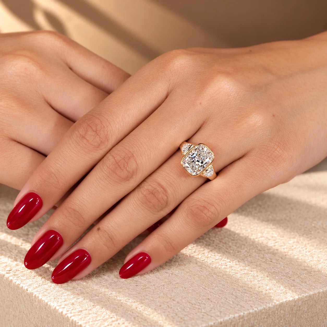 Common :: 5CT Elongated Cushion lab grown diamond Bezel engagement ring