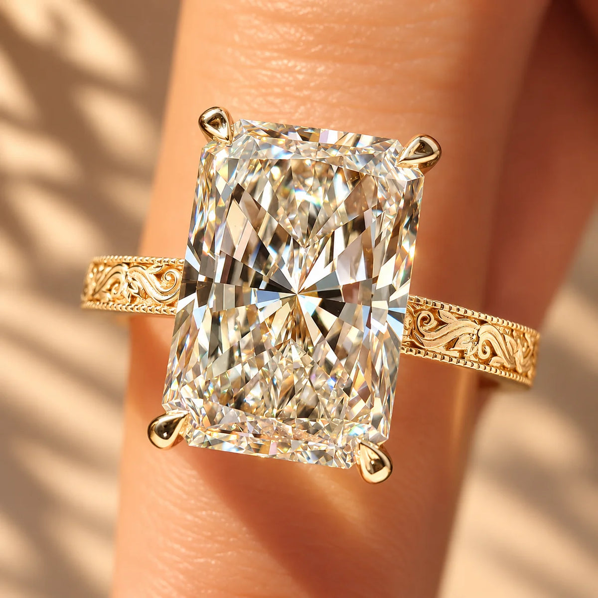 Common :: 5ct Radiant Cut lab grown diamond engagement ring with Hidden Halo