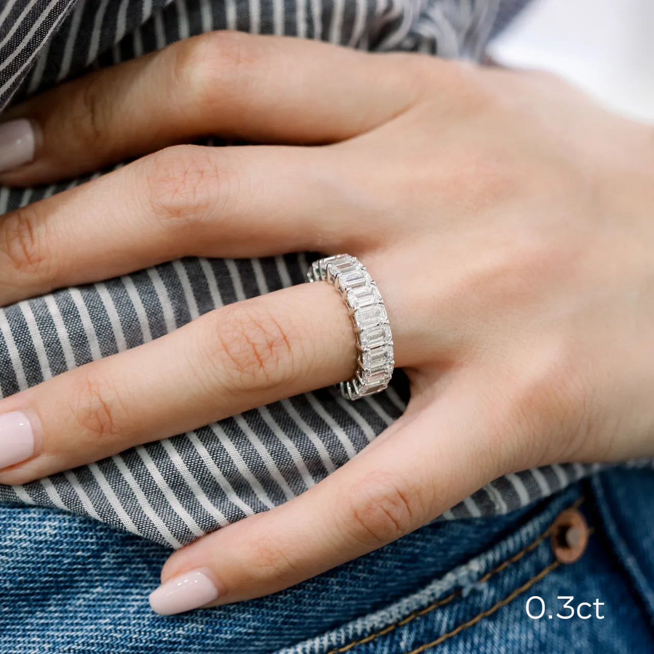 Emerald Lab Grown Diamond Emerald Eternity Band , EF Color , VS Clarity , IGI Certificate