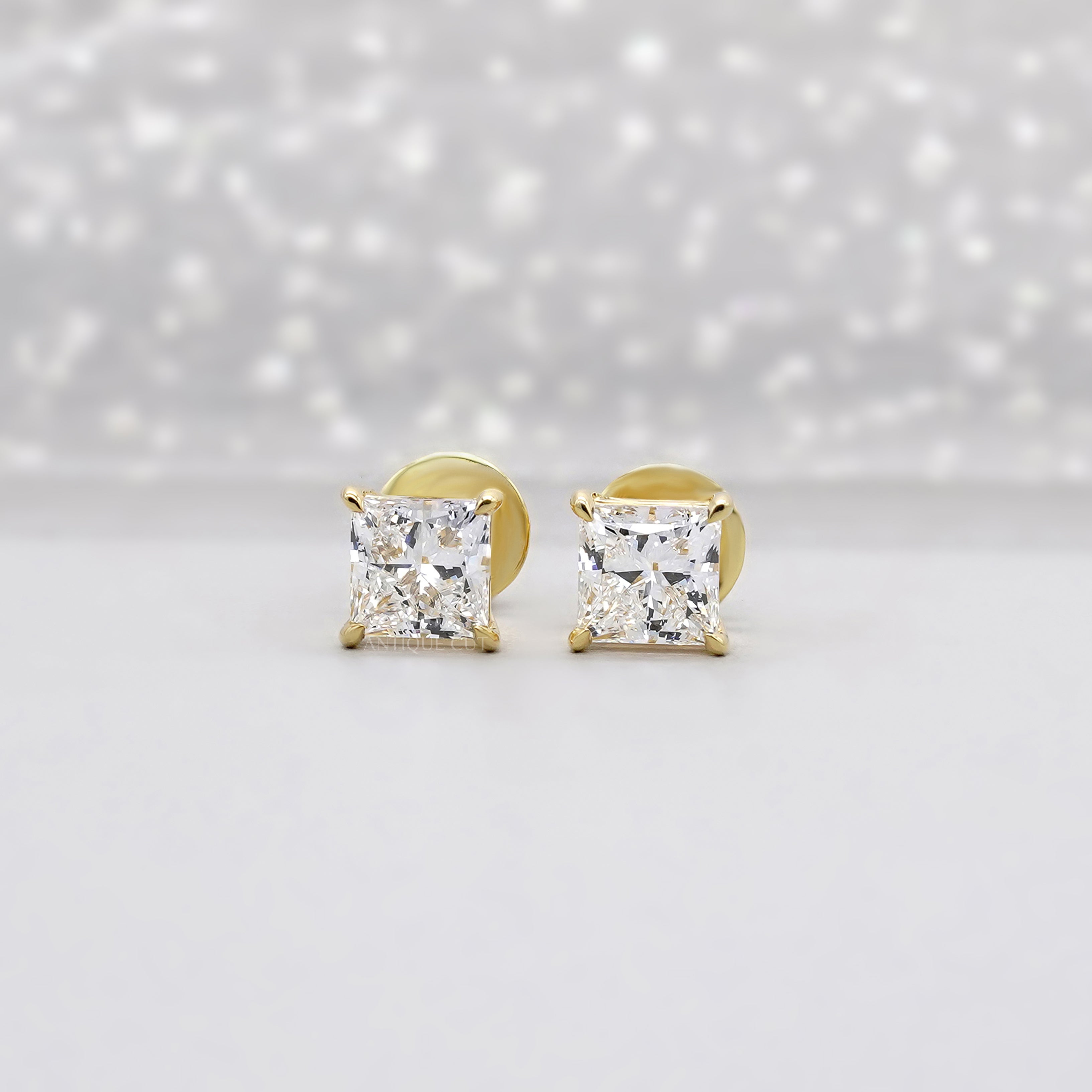 1.50tcw Princess Cut Lab Grown Diamond Stud Earrings | Yellow Gold | IGI Certified