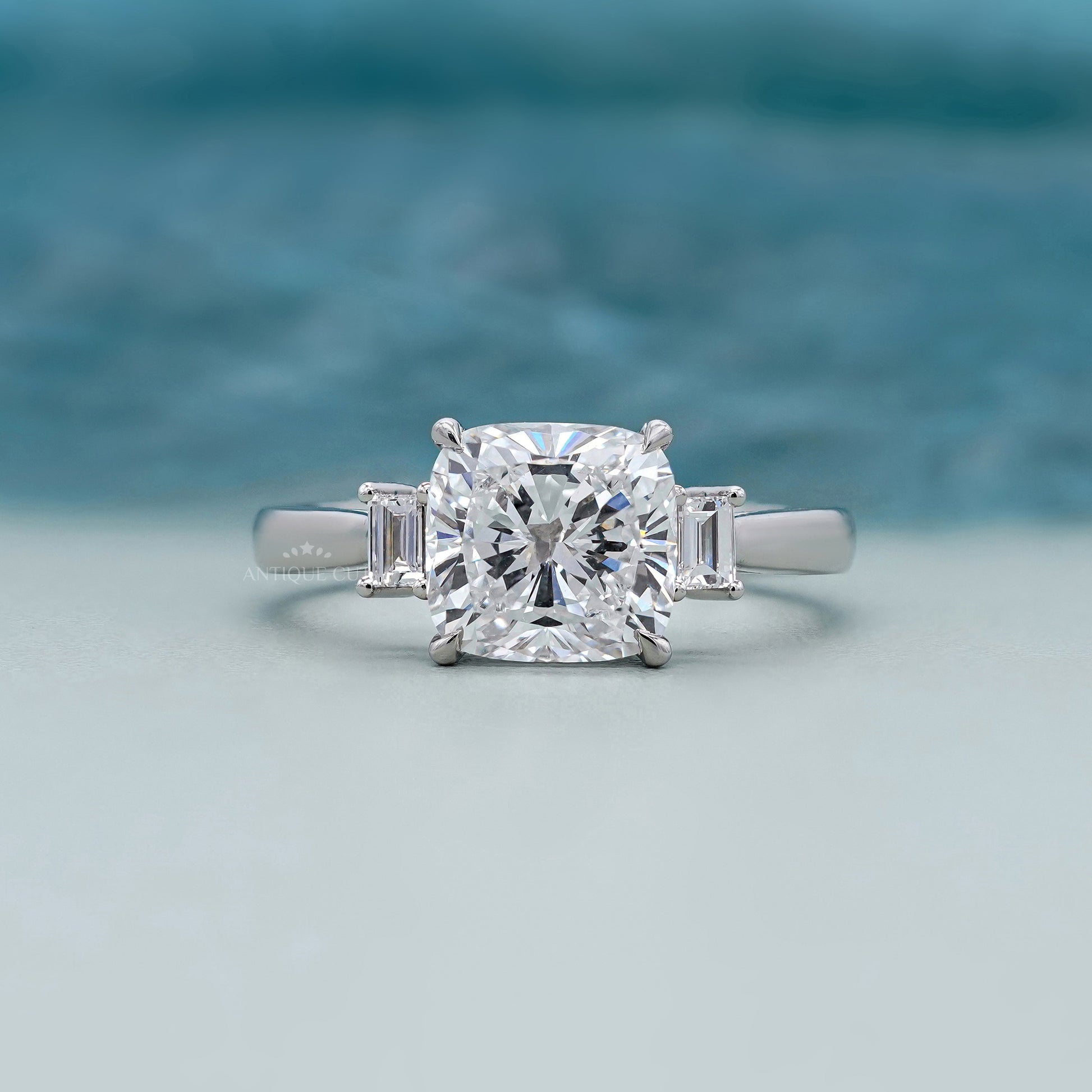 4.00ct Cushion Cut Diamond Engagement Ring | Three Stone Ring with 0.30ct Side Diamonds | Platinum / White Gold Bridal Jewelry