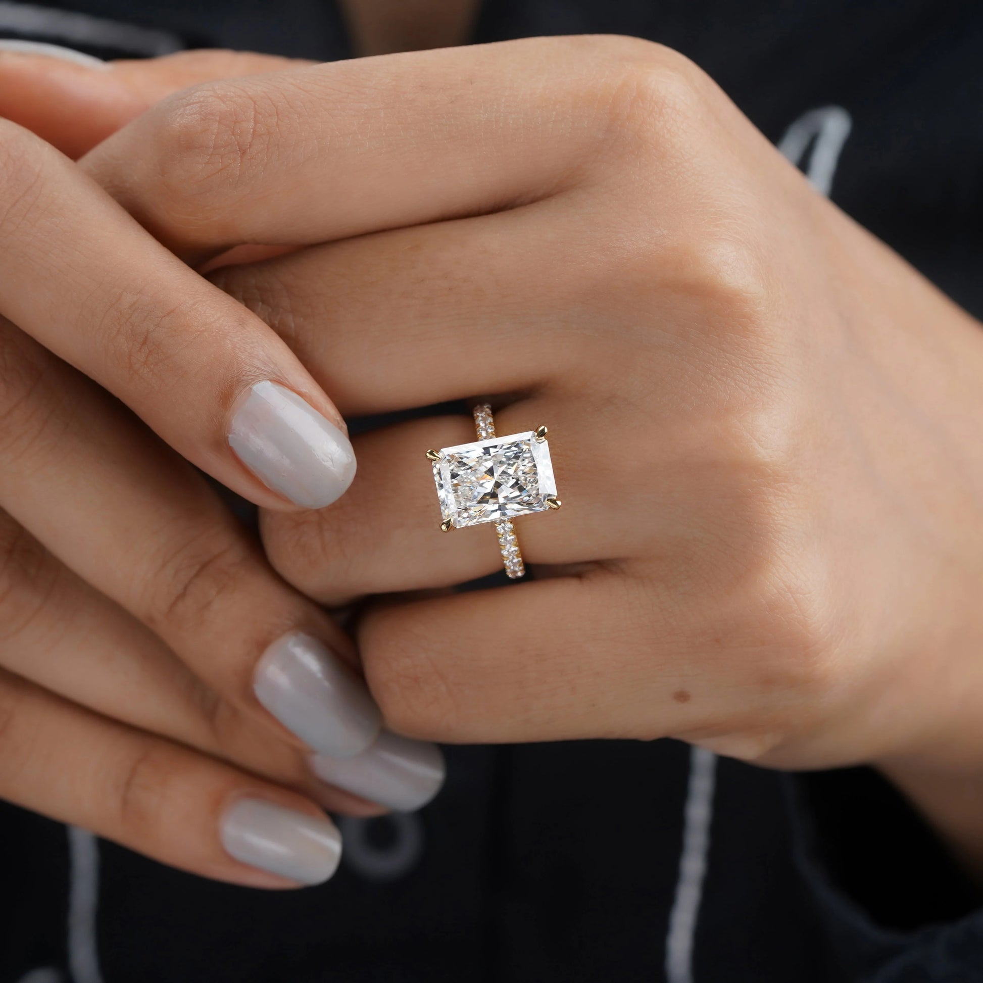 5.60tcw Radiant Lab Grown Diamond Engagement Ring | 5.00ct Radiant Center + 0.60ct Pavé & Hidden Halo | DEF VVS–VS | Cathedral 10K 14K 18K Yellow Gold | IGI Certified