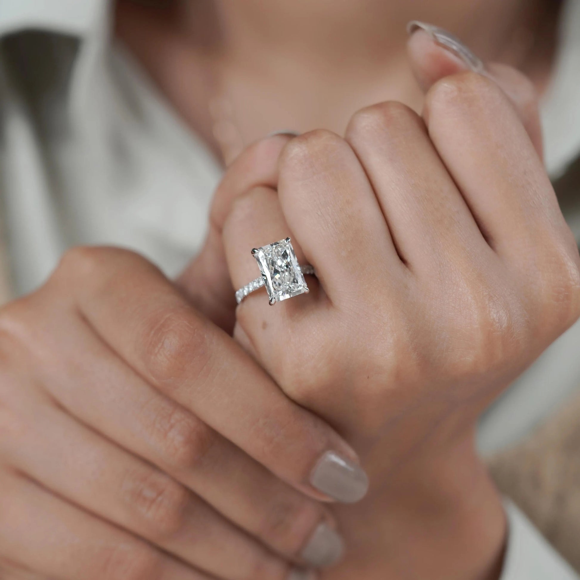 5.70tcw Radiant Lab Grown Diamond Engagement Ring | 5.00ct Center + 0.70ct Pavé Hidden Halo DEF VVS VS | Luxury Gold Ring | IGI Certified