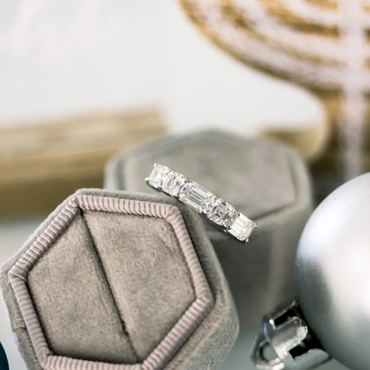 Emerald And Asscher Diamond East-West Eternity Band, EF Color, VS Clarity, IGI Certified