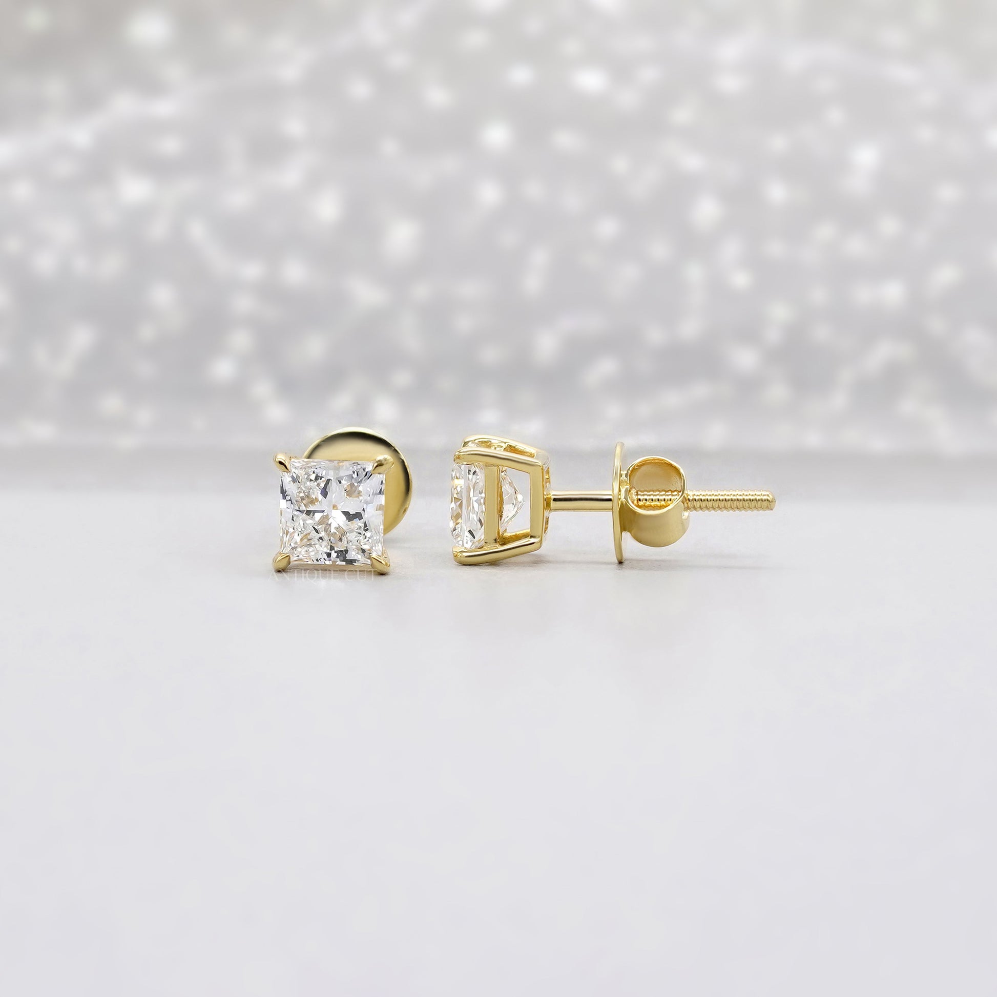 1.50tcw Princess Cut Lab Grown Diamond Stud Earrings | Yellow Gold | IGI Certified