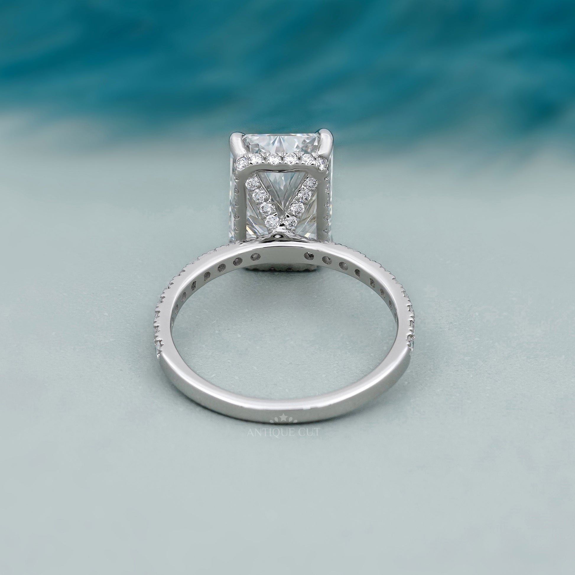 5.00ct Radiant Cut Diamond Engagement Ring | Hidden Halo with 0.70ct Side Stones | 14K Gold Solitaire Pave Band | Luxury Bridal Ring