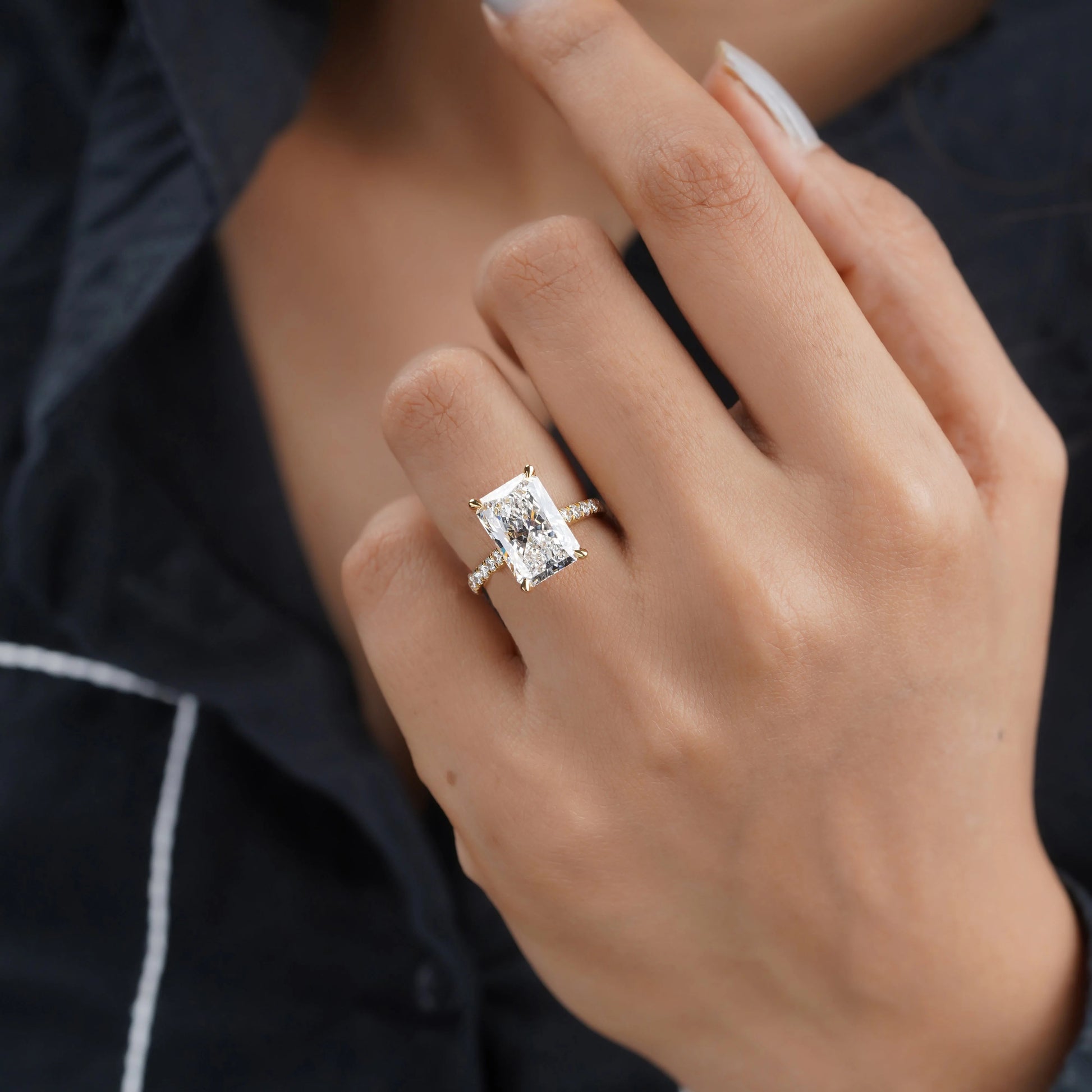 5.60tcw Radiant Lab Grown Diamond Engagement Ring | 5.00ct Radiant Center + 0.60ct Pavé & Hidden Halo | DEF VVS–VS | Cathedral 10K 14K 18K Yellow Gold | IGI Certified