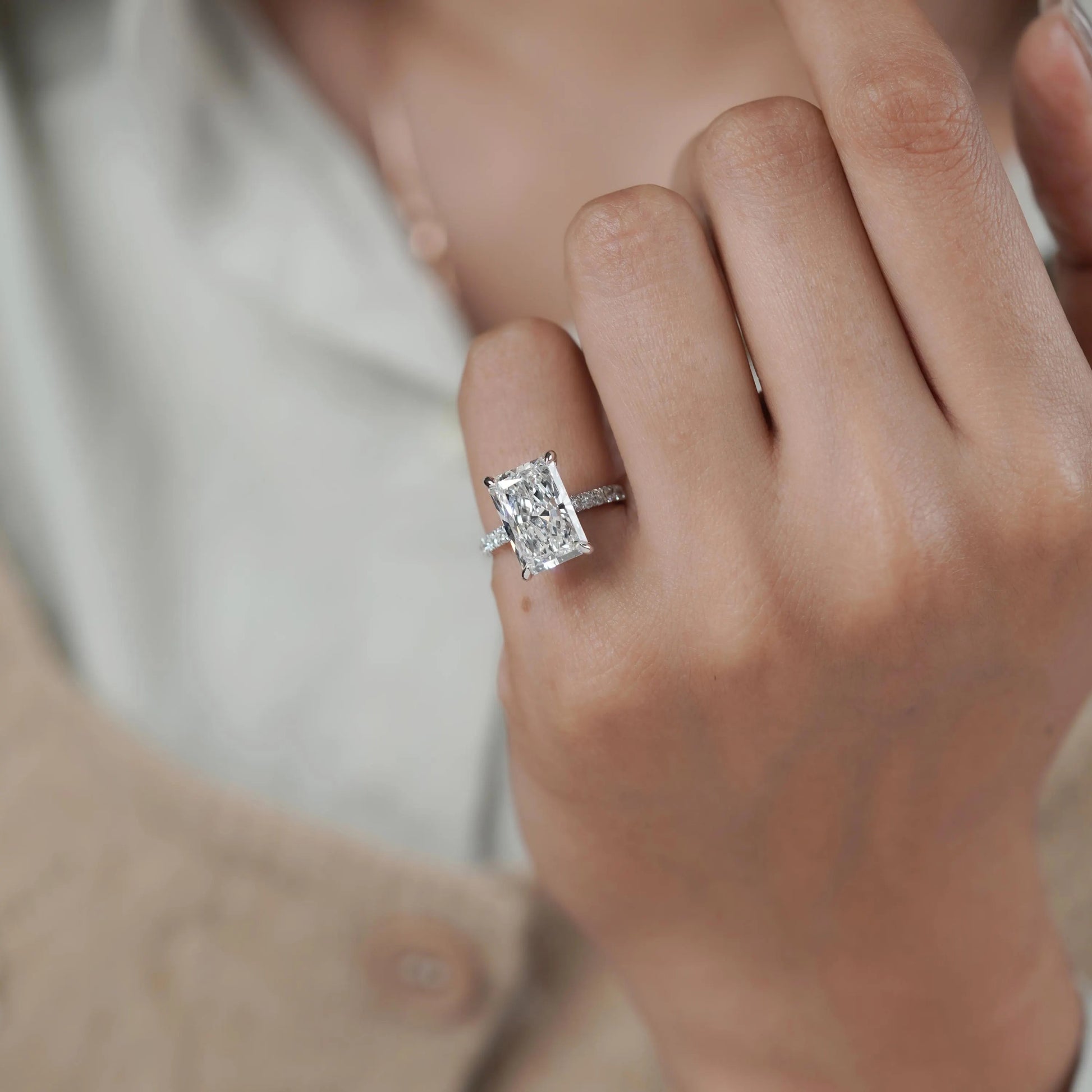 5.70tcw Radiant Lab Grown Diamond Engagement Ring | 5.00ct Center + 0.70ct Pavé Hidden Halo DEF VVS VS | Luxury Gold Ring | IGI Certified