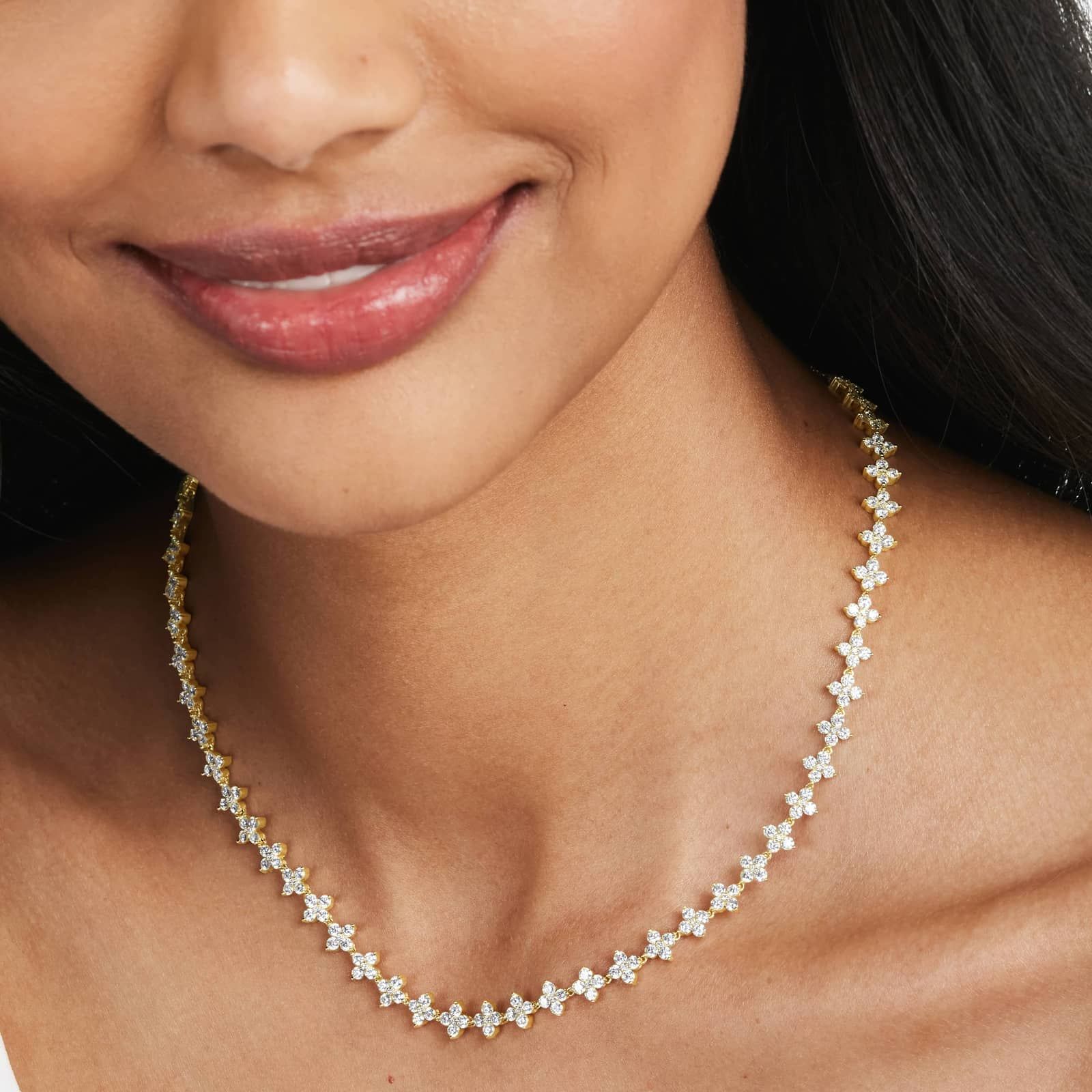 14K Yellow Gold Blossom Lab Created Diamond Tennis Necklace