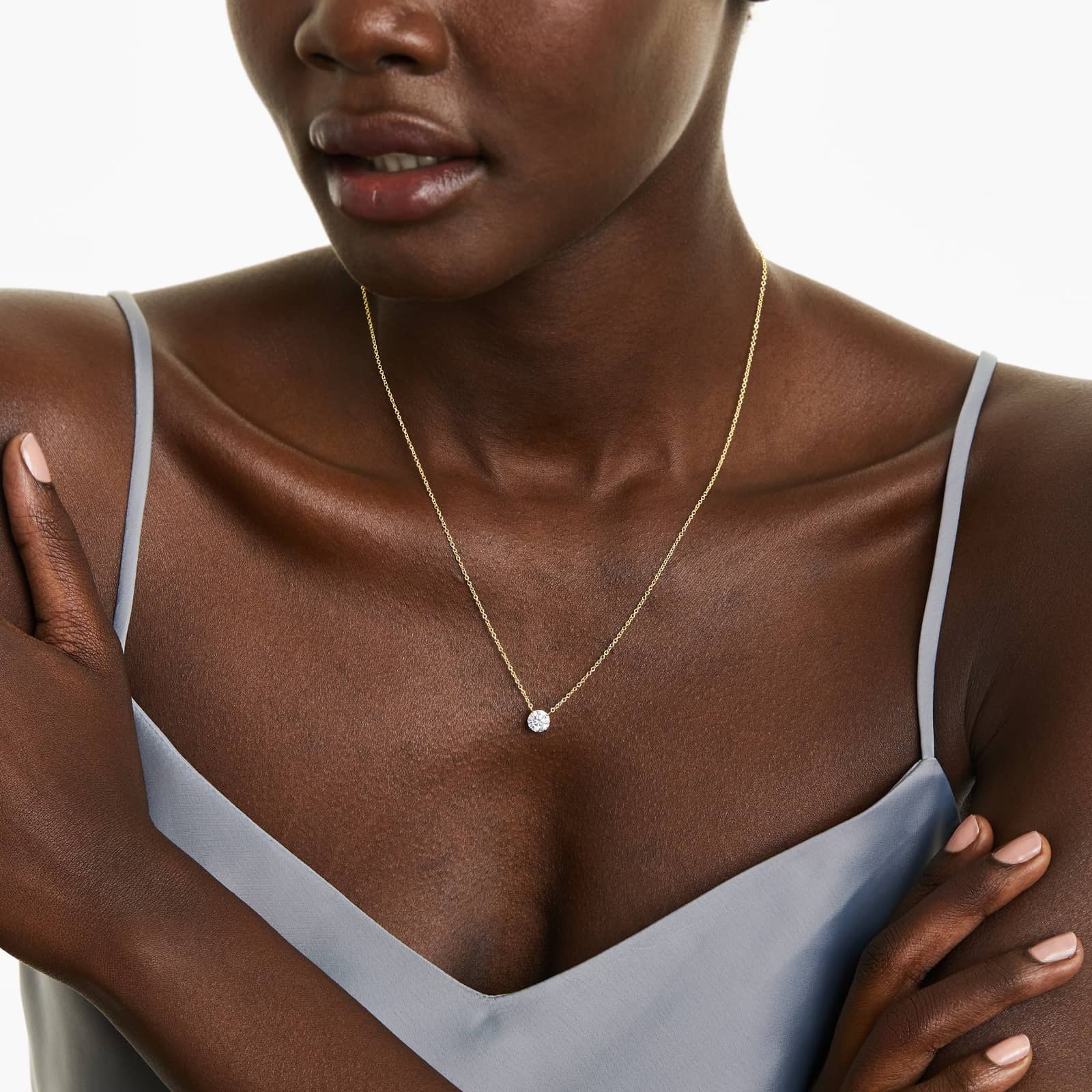 Round Lab Grown Diamond Four Prong Basket Solitaire Pendant with Chain, EF Color, VS Clarity, IGI Certified