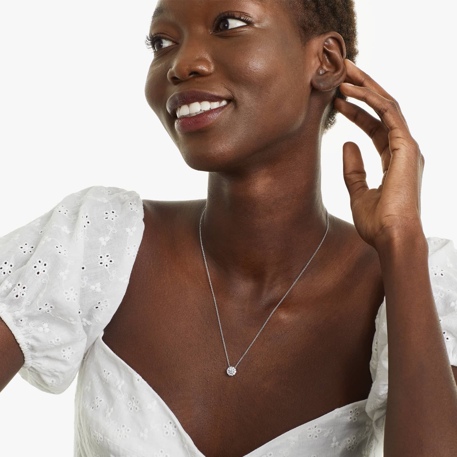 Round Lab Grown Diamond Halo Setting Pendant With Chain, EF Color, VS Clarity. IGI Certified