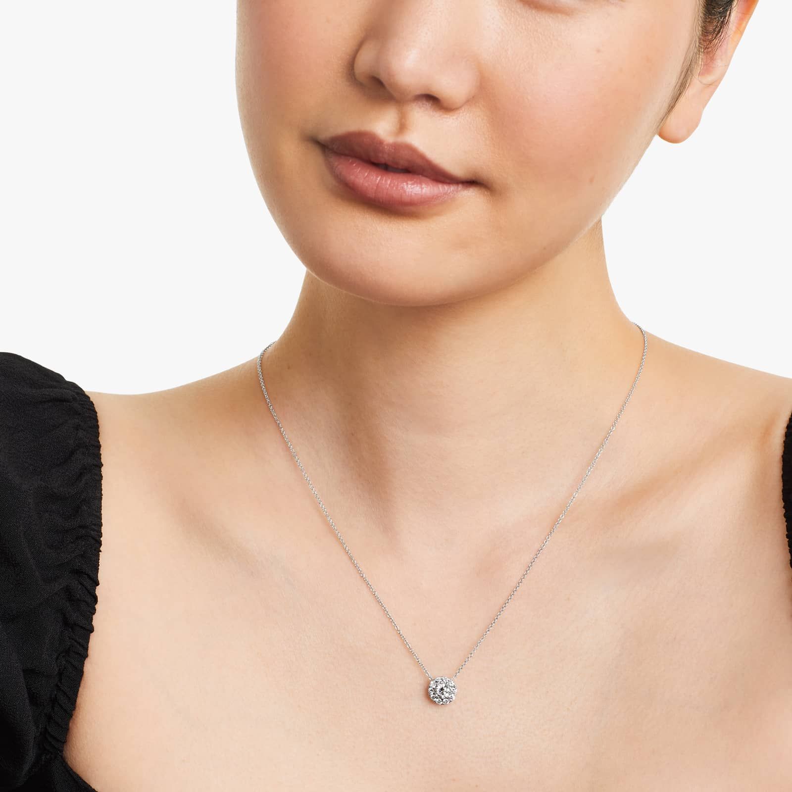 Round Lab Grown Diamond Halo Setting Pendant With Chain, EF Color, VS Clarity. IGI Certified