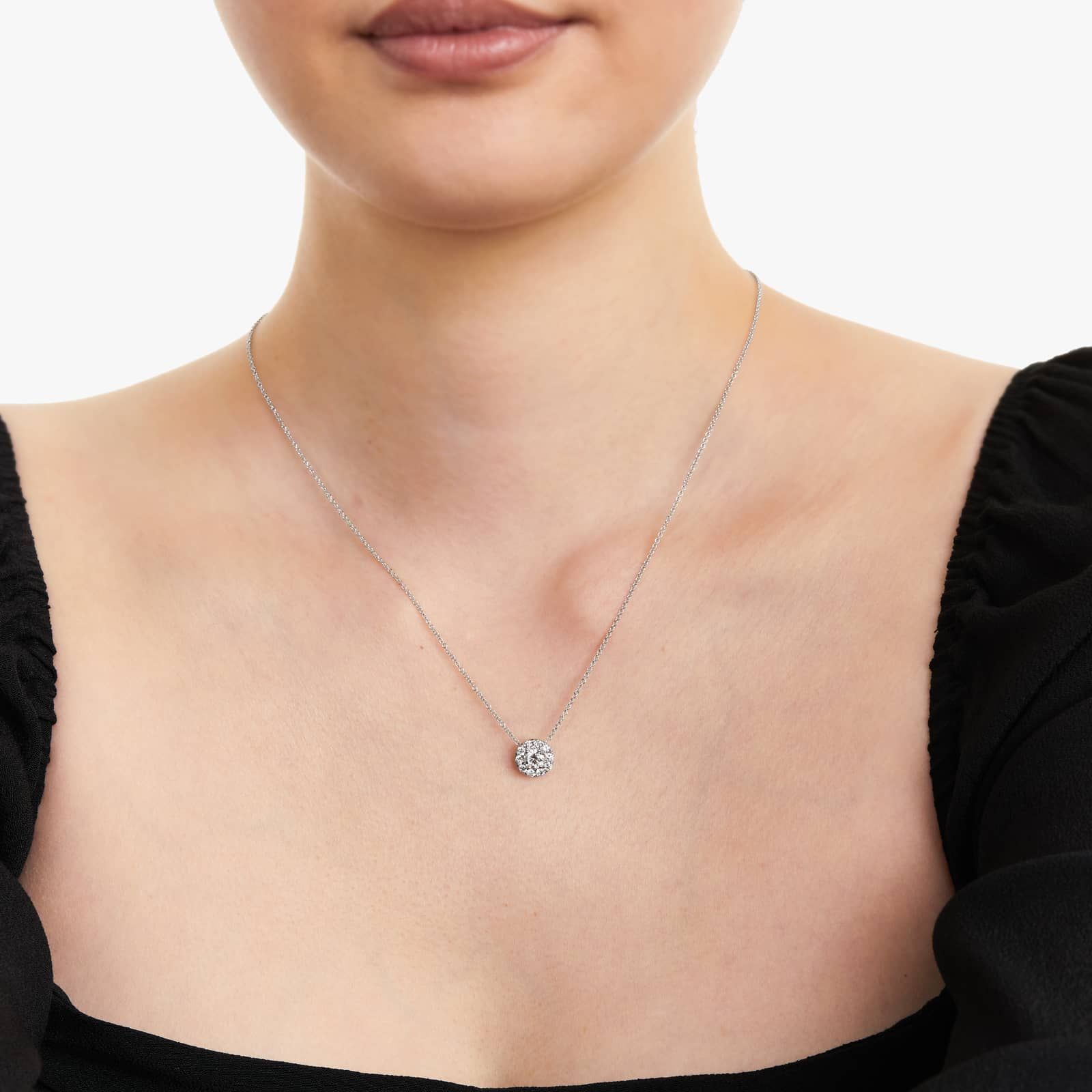 Round Lab Grown Diamond Halo Setting Pendant With Chain, EF Color, VS Clarity. IGI Certified