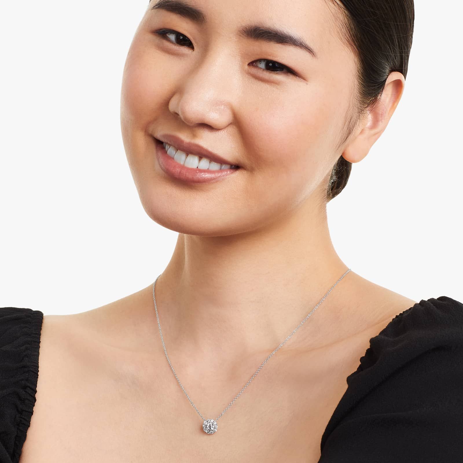 Round Lab Grown Diamond Halo Setting Pendant With Chain, EF Color, VS Clarity. IGI Certified