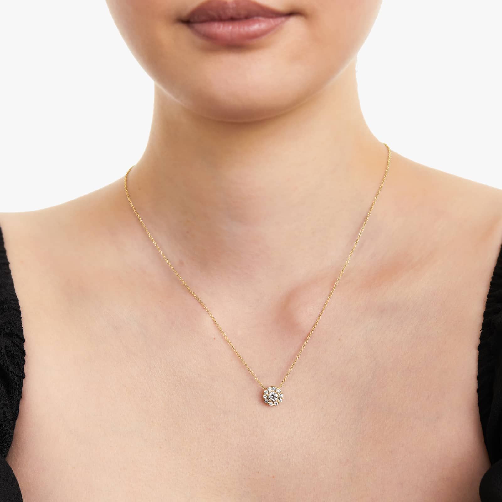 Round Lab Grown Diamond Halo Setting Pendant With Chain, EF Color, VS Clarity. IGI Certified