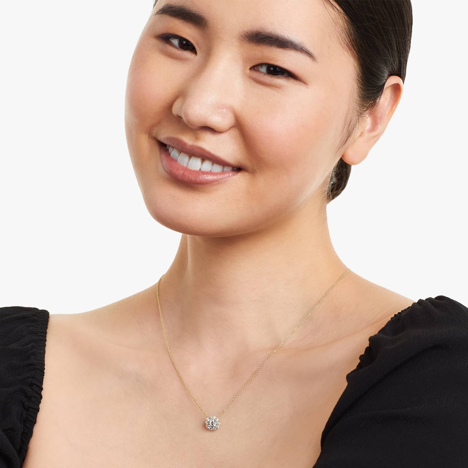 Round Lab Grown Diamond Halo Setting Pendant With Chain, EF Color, VS Clarity. IGI Certified