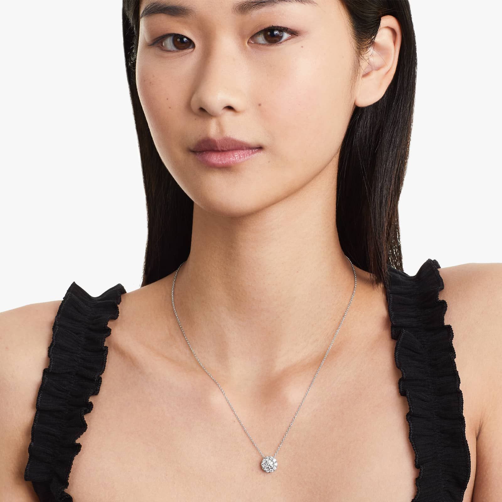 Round Lab Grown Diamond Halo Setting Pendant With Chain, EF Color, VS Clarity. IGI Certified