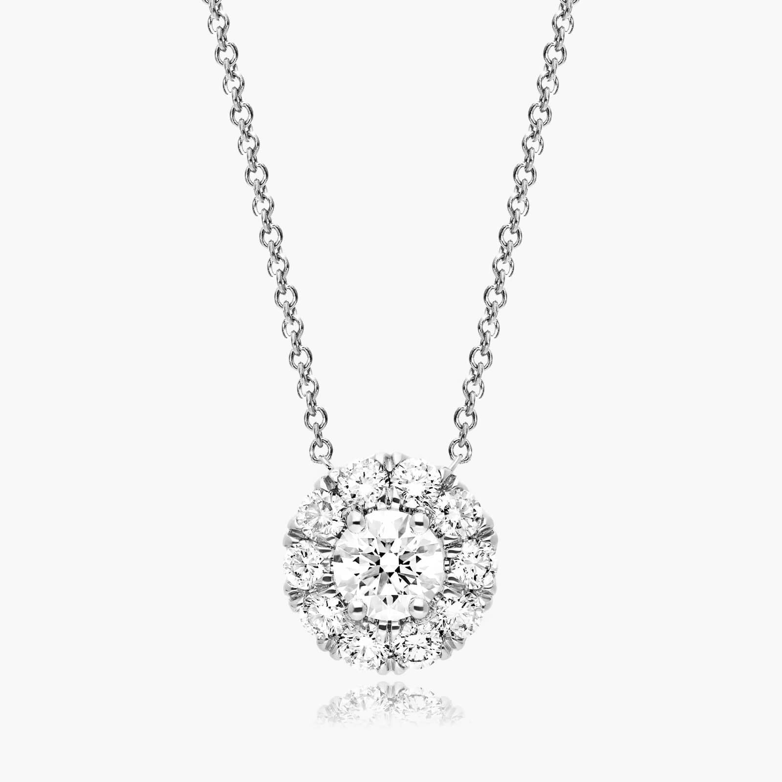 Round Lab Grown Diamond Halo Setting Pendant With Chain, EF Color, VS Clarity. IGI Certified