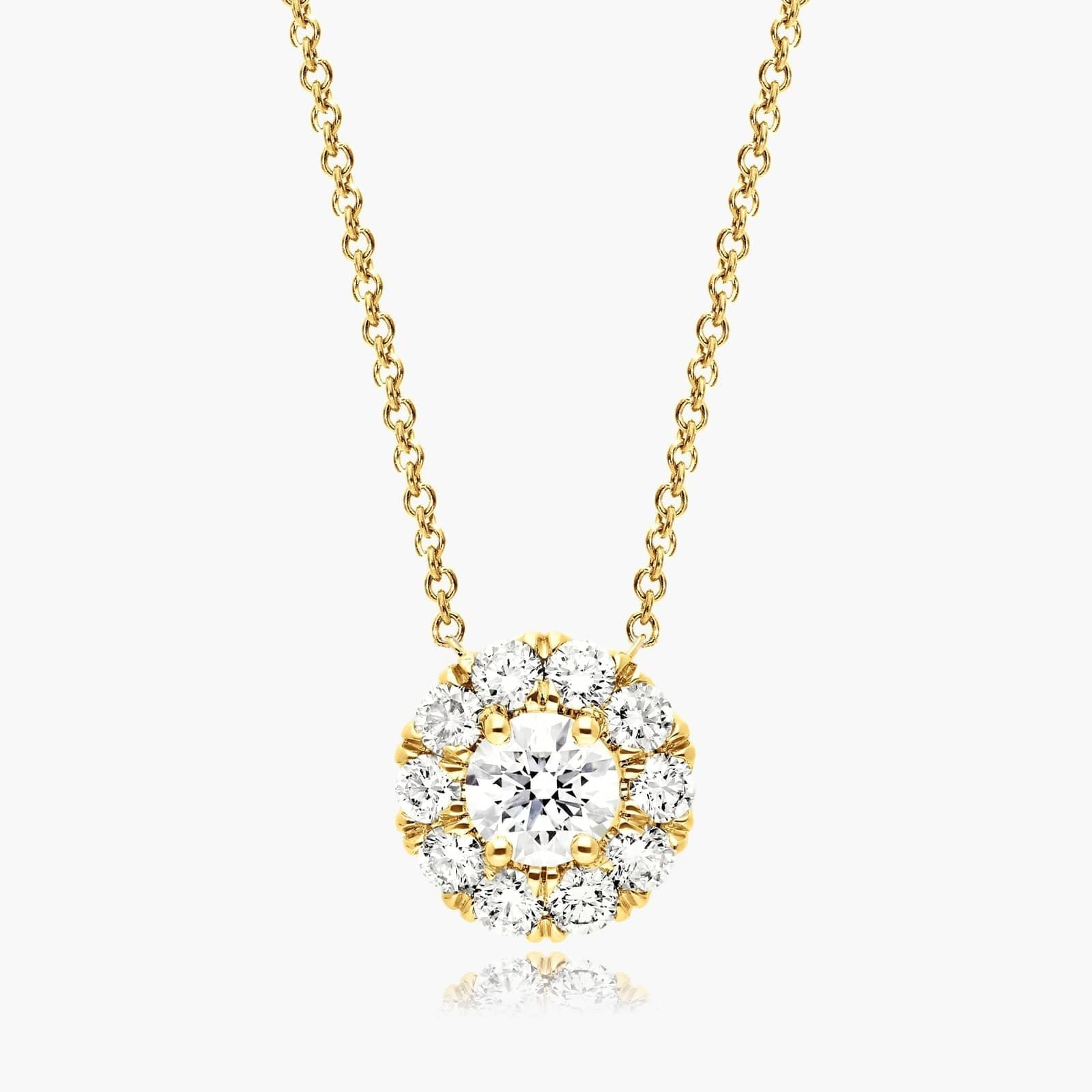 Round Lab Grown Diamond Halo Setting Pendant With Chain, EF Color, VS Clarity. IGI Certified