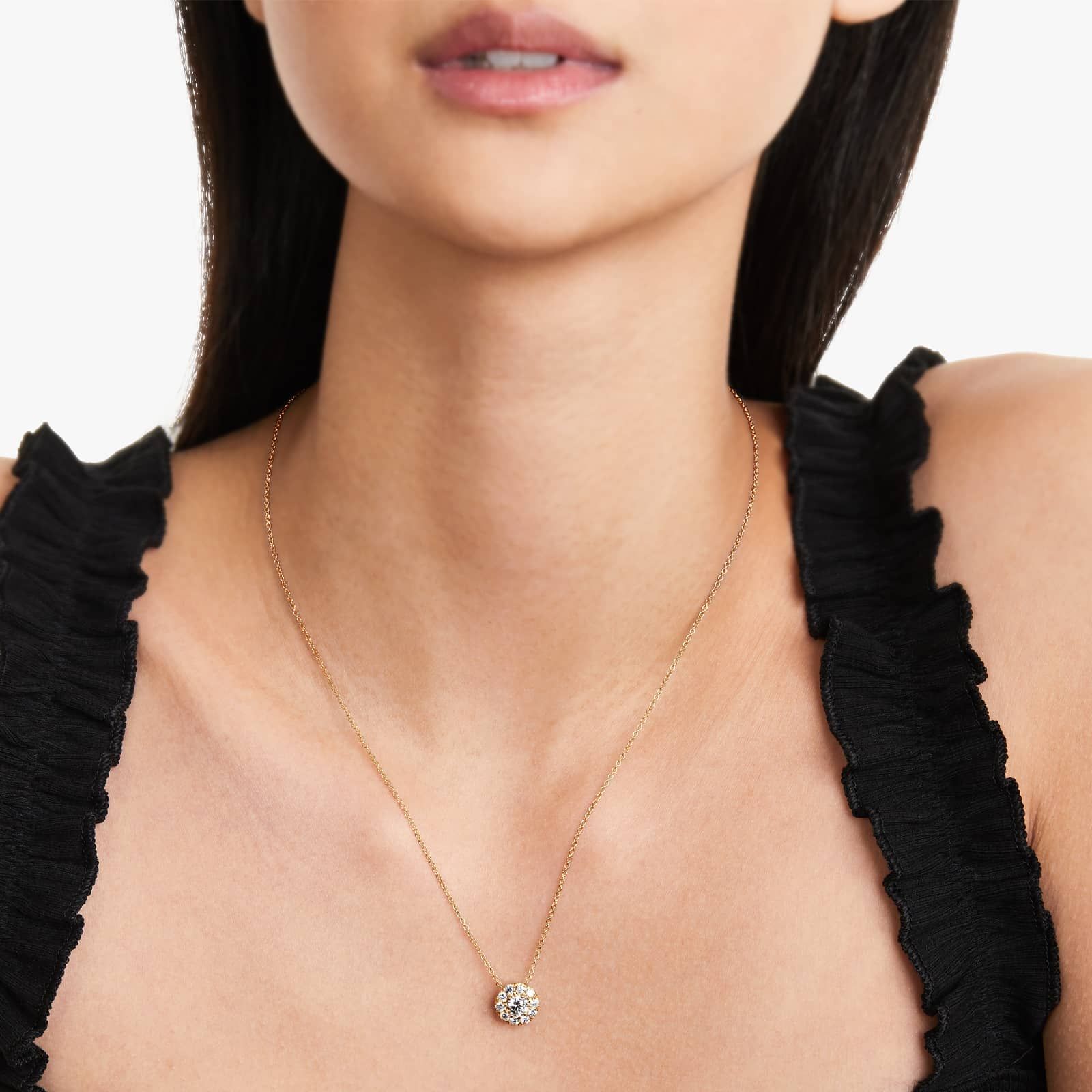 Round Lab Grown Diamond Halo Setting Pendant With Chain, EF Color, VS Clarity. IGI Certified